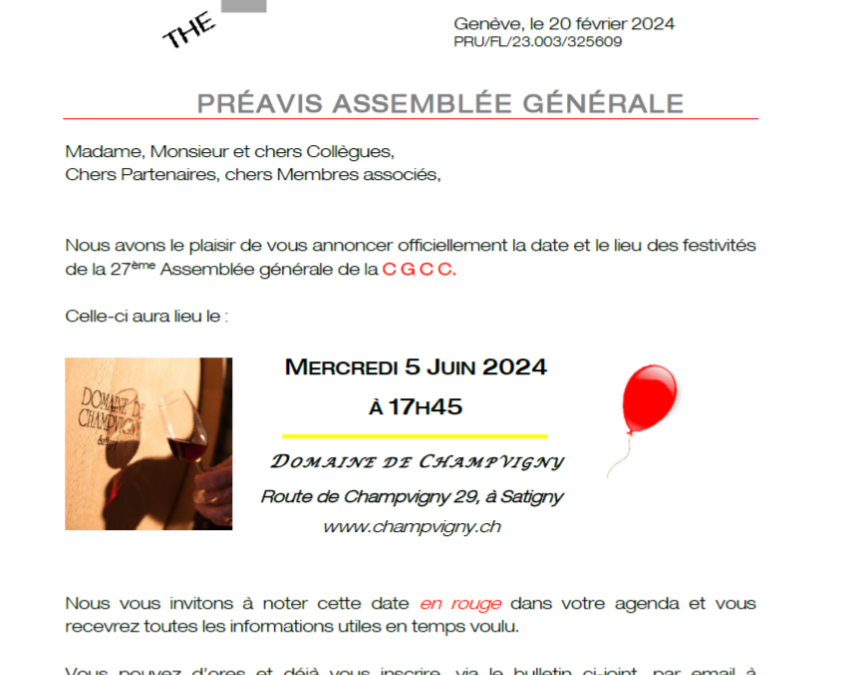 Assemblée générale 2024 :  Mercredi 5 juin 2024